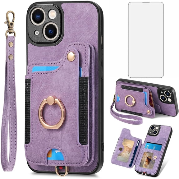 Phone Case for iPhone 15 6.1 inch Wallet Cover with Tempered Glass Screen Protector and Wrist Strap Lanyard RFID Credit Card Holder Ring Stand iPhone15 5G i i-Phone i15 15Case Women Men Purple