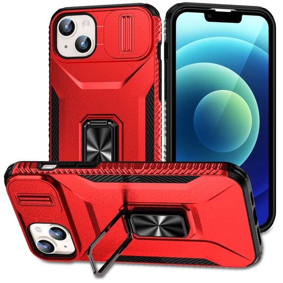 Phone Case for iPhone 15 Case with Sliding Camera Cover, with 360° + 100° Free Rotation Metal Finger Ring Bracket, Fit Magnet Car Mount, 2 In 1 Case Cover for iPhone 15, Red