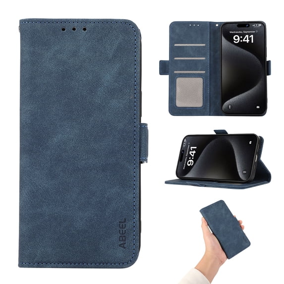 Phone Case for iPhone 15, Classic RFID Blocking PU Leather Shockproof Kickstand Wallet Case with Credit Card Holder Magnetic Flip Cover Compatible with iPhone 15, Blue