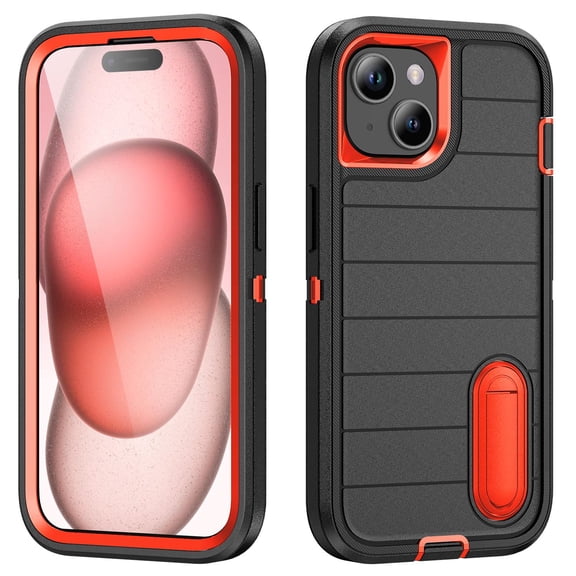 Phone Case for iPhone 15, Heavy Duty Durable Military Grade Shockproof Protective Non-slip Kickstand Soft Silicone Hard PC 2 In 1 Hybrid Cover Case for iPhone 15, Black+Orange