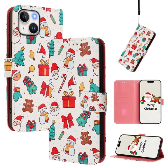 Phone Case for iPhone 15, Luxury Christmas Pattern Card Slots Cash Pocket Magnetic Clasp Full Body Protection Shockproof Kickstand Wallet Flip Case with Wrist Strap for iPhone 15, A