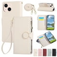 thumbnail image 1 of Phone Case for iPhone 15, Lychee Texture PU Leather Magnetic Clasp Zipper Wallet with Crossbody + Wrist Strap Card Holder Stand Flip Cell Cover for iPhone 15 Women Girls, Beige, 1 of 9