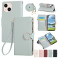 thumbnail image 1 of Phone Case for iPhone 15, Lychee Texture PU Leather Magnetic Clasp Zipper Wallet with Crossbody + Wrist Strap Card Holder Stand Flip Cell Cover for iPhone 15 Women Girls, Cyan, 1 of 9