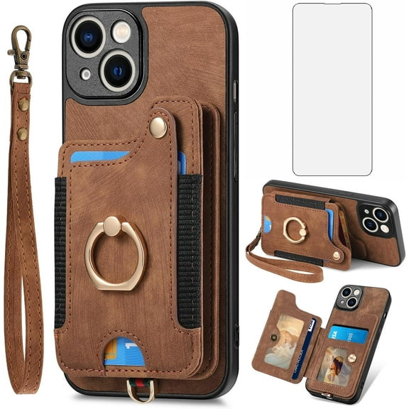Phone Case for iPhone 15 Plus 6.7 inch Wallet Cover with Screen Protector and Wrist Strap Lanyard RFID Card Holder Ring Stand i-Phone 15+ iPhone15Plus 5G i i15 + iPhone15 15Plus Women Brown