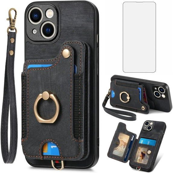 Phone Case for iPhone 15 Plus 6.7 inch Wallet Cover with Screen Protector and Wrist Strap Lanyard RFID Card Holder Ring Stand i-Phone 15+ iPhone15Plus 5G i i15 + iPhone15 15Plus Women Black
