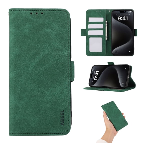Phone Case for iPhone 15 Plus, Classic RFID Blocking PU Leather Shockproof Kickstand Wallet Case with Credit Card Holder Magnetic Flip Cover Compatible with iPhone 15 Plus, Green