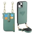 thumbnail image 1 of Phone Case for iPhone 15 Plus with Detachable Wallet Card Holder, PU Leather Shoulder Strap Chain Crossbody Cover, Card Slots Heart Pattern Zipper Purse Case with Lanyard for iPhone 15 Plus, Green, 1 of 11