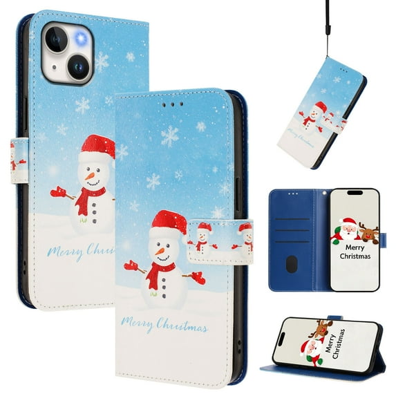 Phone Case for iPhone 15 Plus, Luxury Christmas Pattern Card Slots Cash Pocket Magnetic Clasp Full Body Protection Shockproof Kickstand Wallet Flip Case with Wrist Strap for iPhone 15 Plus, B