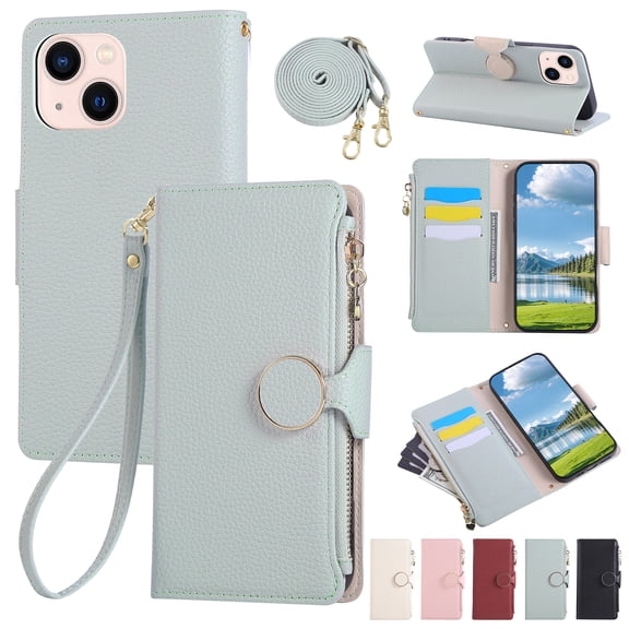 Phone Case for iPhone 15 Plus, Lychee Texture PU Leather Magnetic Clasp Zipper Wallet with Crossbody + Wrist Strap Card Holder Stand Flip Cell Cover for iPhone 15 Plus Women Girls, Cyan