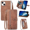 thumbnail image 1 of Phone Case for iPhone 15 Plus, Shockproof PU Leather Wallet Case with Card Slots Anti-Scratch Stand Magnetic Flip Zipper Pocket Cover for iPhone 15 Plus, Brown, 1 of 7
