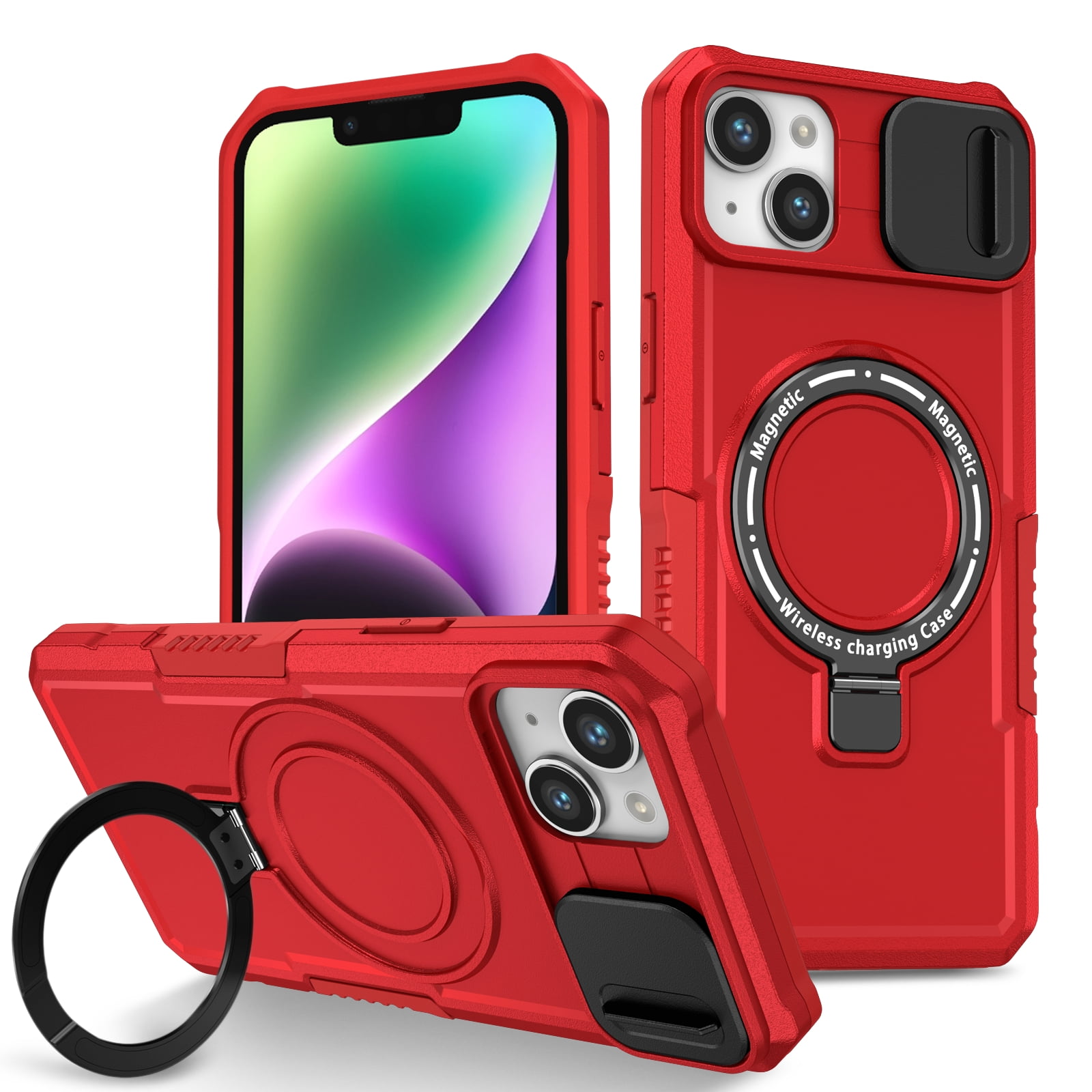 Fb Wireless Accessories Elite Series Hybrid Case with Ring Grip and Camera Lens Cover for iPhone 15 - Red