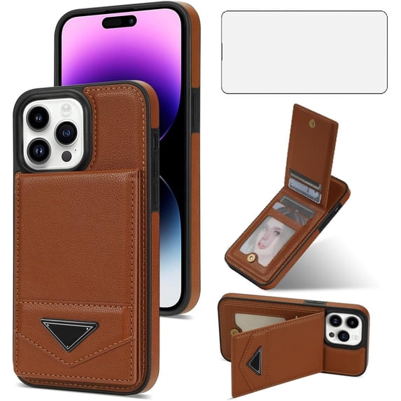Phone Case for iPhone 15 Pro 6.1 inch Wallet Cover with Screen Protector RFID Slim Credit Card Holder Slot Stand Cell Accessories iPhone15Pro 5G i i-Phone i15 iPhone15 16Pro Women Men Brown