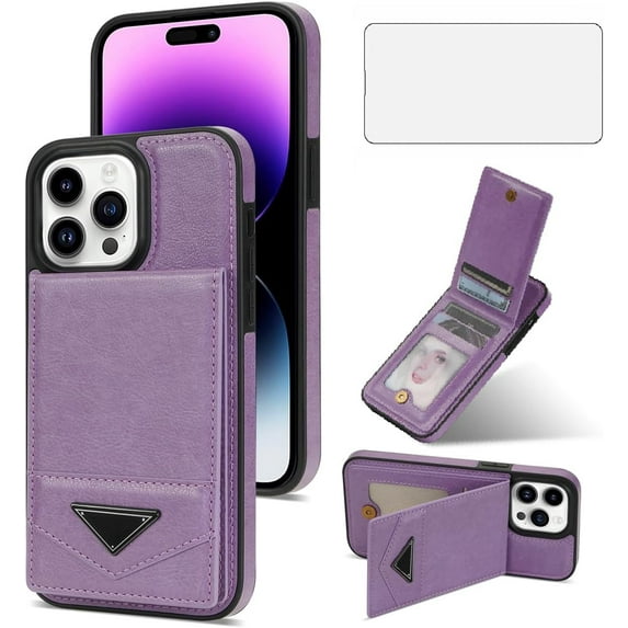 Phone Case for iPhone 15 Pro 6.1 inch Wallet Cover with Screen Protector RFID Slim Credit Card Holder Slot Stand Cell Accessories iPhone15Pro 5G i i-Phone i15 iPhone15 16Pro Women Men Purple