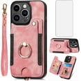 thumbnail image 1 of Phone Case for iPhone 15 Pro 6.1 inch Wallet Cover with Screen Protector and Wrist Strap Lanyard RFID Credit Card Holder Ring Stand iPhone15Pro 5G i i-Phone i15 iPhone15 15Pro Women Men Pink, 1 of 7