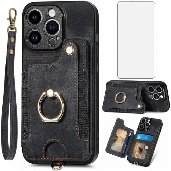 Phone Case for iPhone 15 Pro 6.1 inch Wallet Cover with Screen Protector and Wrist Strap Lanyard RFID Credit Card Holder Ring Stand iPhone15Pro 5G i i-Phone i15 iPhone15 15Pro Women Men Black