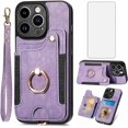 thumbnail image 1 of Phone Case for iPhone 15 Pro 6.1 inch Wallet Cover with Screen Protector and Wrist Strap Lanyard RFID Credit Card Holder Ring Stand iPhone15Pro 5G i i-Phone i15 iPhone15 15Pro Women Men Purple, 1 of 14