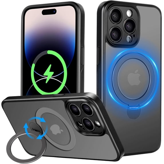 Phone Case for iPhone 15 Pro 6.1 inches, 360° Rotatable Magnetic Ring Stand Compatible with MagSafe Military Grade Shockproof Phone Covers for Women Men Boy Girls(Translucent Black)