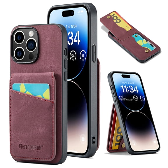 Phone Case for iPhone 15 Pro, Back Credit Card Holder Wallet Cover Study Kickstand PU Leather Magnetic Clasp RFID Blocking Case for iPhone 15 Pro Cases Women, Red
