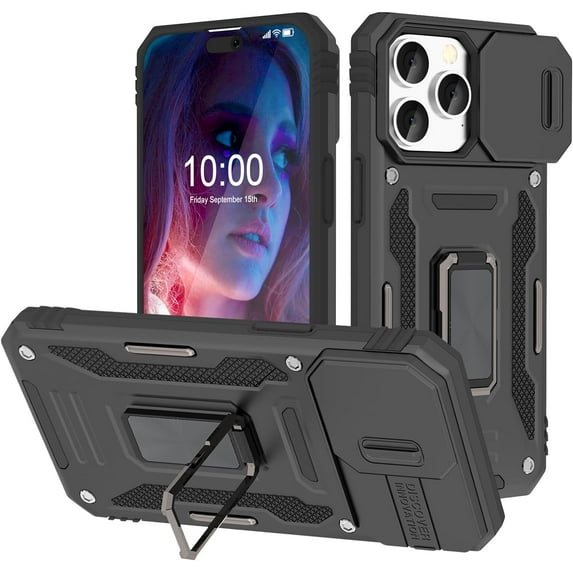 Phone Case for iPhone 15 Pro Case with Slide Camera Cover Shockproof 15 Pro Phone Case with 360°Rotate Magnetic Ring Stand for 15 Pro 6.1 inch 2023- Black