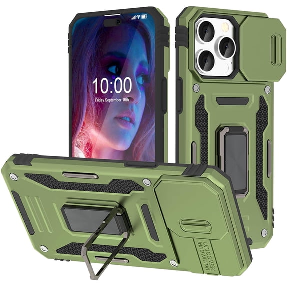 Phone Case for iPhone 15 Pro Case with Slide Camera Cover Shockproof 15 Pro Phone Case with 360°Rotate Magnetic Ring Stand for 15 Pro 6.1 inch 2023 - Green