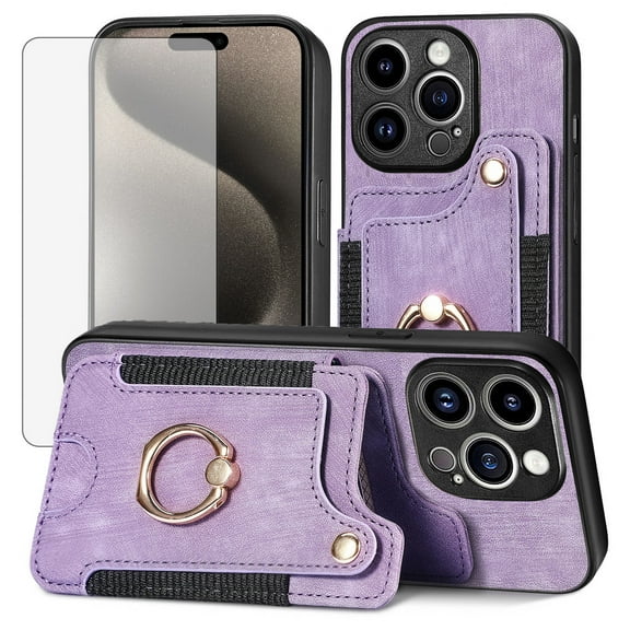 Phone Case for iPhone 15 Pro Max 6.7 inch Wallet Cell Cover with Tempered Glass Screen Protector Slim Lanyard Wrist Strap RFID Ring Stand Credit Card Holder Slot i Phone15 15Pro i15PM 15ProMax Purple