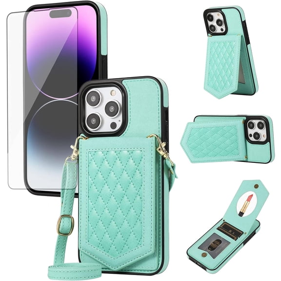 Phone Case for iPhone 15 Pro Max 6.7 inch Wallet Cover with Screen Protector and Mirror Card Holder Crossbody Strap Cell iPhone15promax 5G i Phone15Max Plus iPhone15 ProMax Women Girls Green