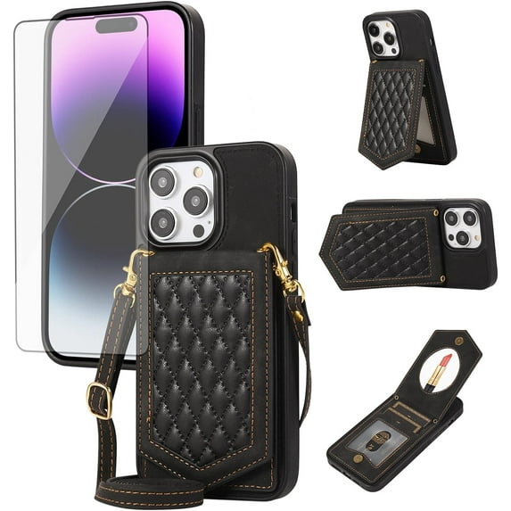 Phone Case for iPhone 15 Pro Max 6.7 inch Wallet Cover with Screen Protector and Mirror Card Holder Crossbody Strap Cell iPhone15promax 5G i Phone15Max Plus iPhone15 ProMax Women Girls Black