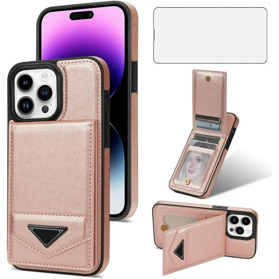 Phone Case for iPhone 15 Pro Max 6.7 inch Wallet Cover with Screen Protector RFID Slim Credit Card Holder Slot Stand Cell iPhone15promax 5G i Phone15Max Plus iPhone15 ProMax Women Rose Gold