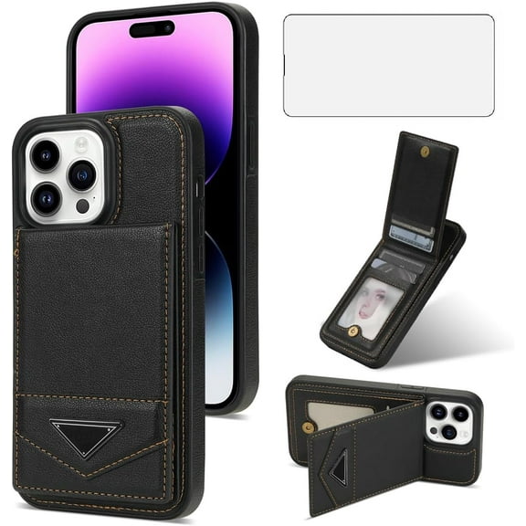 Phone Case for iPhone 15 Pro Max 6.7 inch Wallet Cover with Screen Protector RFID Slim Credit Card Holder Slot Stand Cell iPhone15promax 5G i Phone15Max Plus iPhone16 ProMax Women Men Black