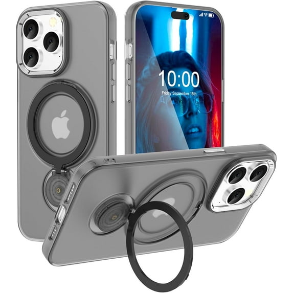 Phone Case for iPhone 15 Pro Max Case with Ring Kickstand(Work with Magnetic Car Mount), Military Grade Shockproof Protective Slim Hard Cover for 15 Pro Max 6.7 inch – Black