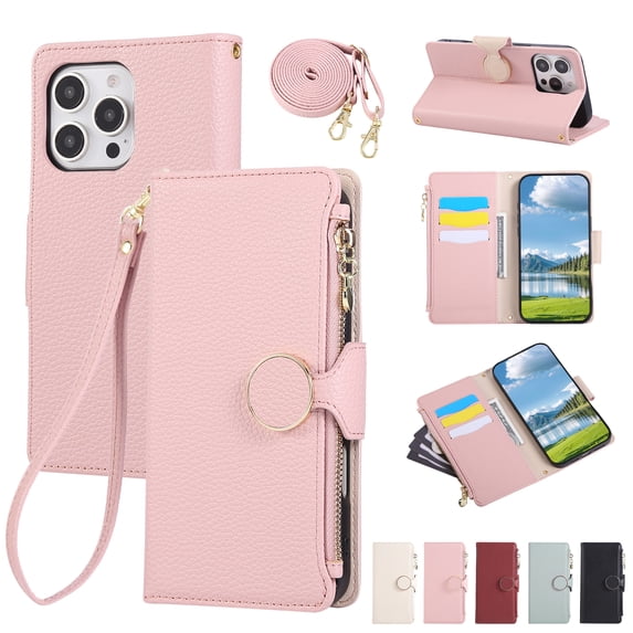 Phone Case for iPhone 15 Pro Max, Lychee Texture PU Leather Magnetic Clasp Zipper Wallet with Crossbody + Wrist Strap Card Holder Stand Flip Cell Cover for iPhone 15 Pro Max Women Girls, Pink