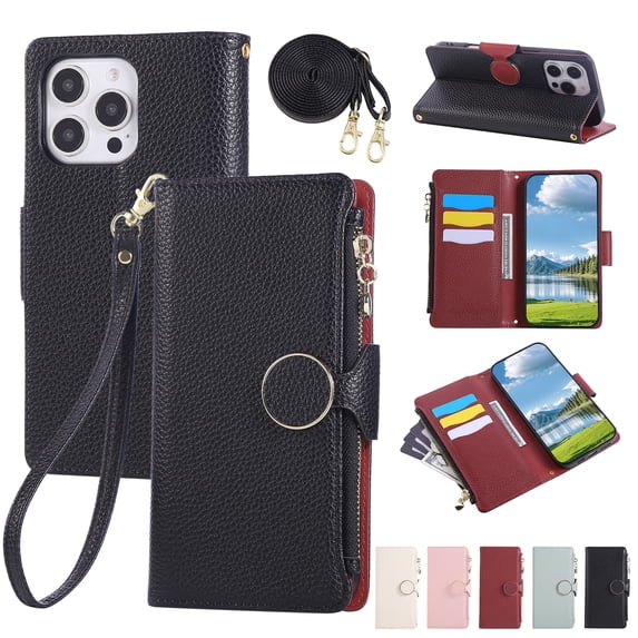 Phone Case for iPhone 15 Pro Max, Lychee Texture PU Leather Magnetic Clasp Zipper Wallet with Crossbody + Wrist Strap Card Holder Stand Flip Cell Cover for iPhone 15 Pro Max Women Girls, Black
