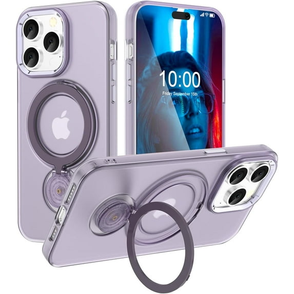 Phone Case for iPhone 15 Pro Max Case with Ring Kickstand(Work with Magnetic Car Mount), Military Grade Shockproof Protective Slim Hard Cover for 15 Pro Max 6.7 inch –Purple