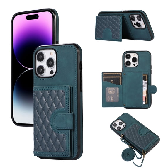 Phone Case for iPhone 15 Pro Max, Stylish Wallet Cover with Credit Card Holder Crossbody Strap Magnetic Closure Kickstand PU Leather Drop Protective Phone Case for iPhone 15 Pro Max - Green
