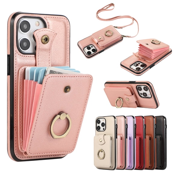 Phone Case for iPhone 15 Pro Max Wallet Cell Cover with Crossbody Strap, Ring Stand RFID Blocking Credit Card Holder Shockproof Drop Protective Case for iPhone 15 Pro Max Women Girls, Rosegold