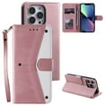 thumbnail image 1 of Phone Case for iPhone 15 Pro Max Wallet Cover with Wrist Strap, Splicing PU Leather Flip Case Card Holder Slots Kickstand Magnetic Closure for Women Men for iPhone 15 Pro Max, Pink, 1 of 7