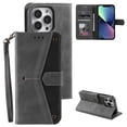 thumbnail image 1 of Phone Case for iPhone 15 Pro Wallet Cover with Wrist Strap, Splicing PU Leather Flip Case Card Holder Slots Kickstand Magnetic Closure for Women Men for iPhone 15 Pro, Gray, 1 of 7