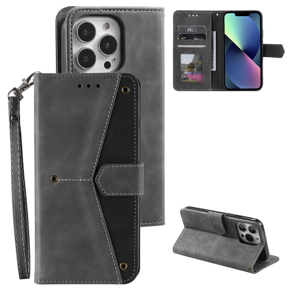 Phone Case for iPhone 15 Pro Wallet Cover with Wrist Strap, Splicing PU Leather Flip Case Card Holder Slots Kickstand Magnetic Closure for Women Men for iPhone 15 Pro, Gray