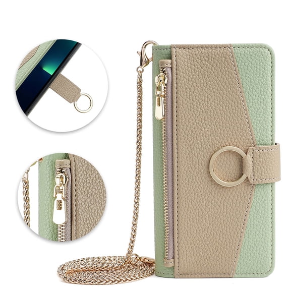 Phone Case for iPhone 15 Pro Zipper Wallet Cover with Make-up Mirror, Flip Cover PU Leather Ring Card Holder Kickstand Crossbody Strap Chain Cell Phone Case Cover for iPhone 15 Pro, Green