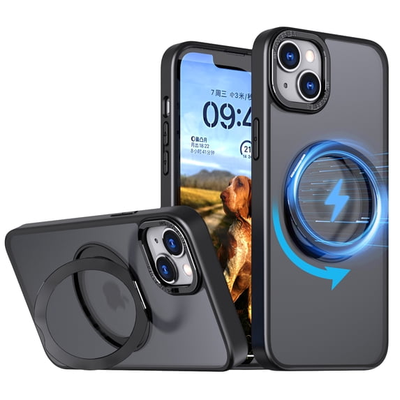 Phone Case for iPhone 15 Strengthened Magnetic Ring Stand Translucent Back Cover Compatible with Magsafe, Military-Grade Shockproof Anti-fall Protection Case for Men Women,Black