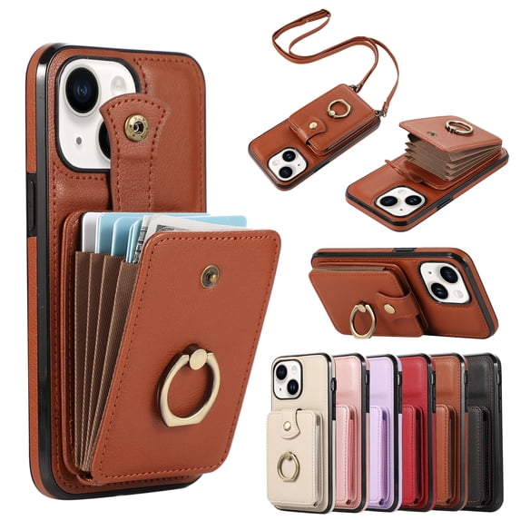 Phone Case for iPhone 15 Wallet Cell Cover with Crossbody Strap, Ring Stand RFID Blocking Credit Card Holder Shockproof Drop Protective Case for iPhone 15 Women Girls, Brown