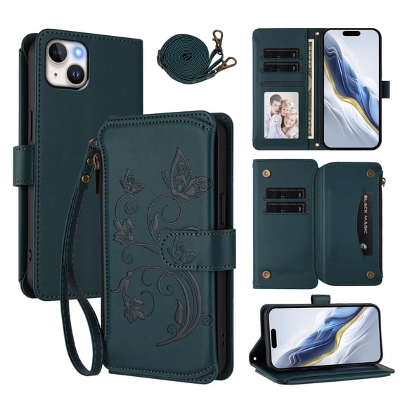 Phone Case for iPhone 15 Wallet Cell Cover with Wrist & Shoulder Strap, Embossed Flower Flip Zipper Card Holder Slots Stand PU Leather Wallet Case for Women Girls Men Women, Darkblue