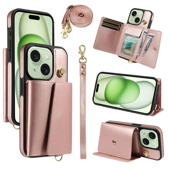 Phone Case for iPhone 15 Wallet Cover, Classic Credit Card Holder & Crossbody Strap & Hand Strap Kickstand PU Leather for iPhone 15 Protective Rugged Case Women Men, Rosegold