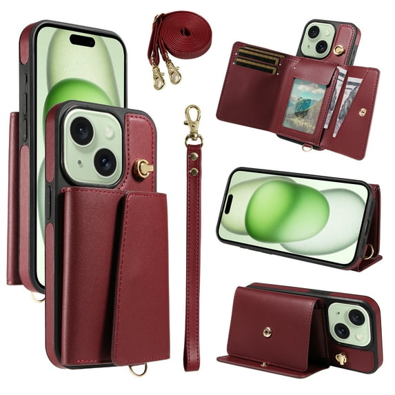 Phone Case for iPhone 15 Wallet Cover, Classic Credit Card Holder & Crossbody Strap & Hand Strap Kickstand PU Leather for iPhone 15 Protective Rugged Case Women Men, Winered