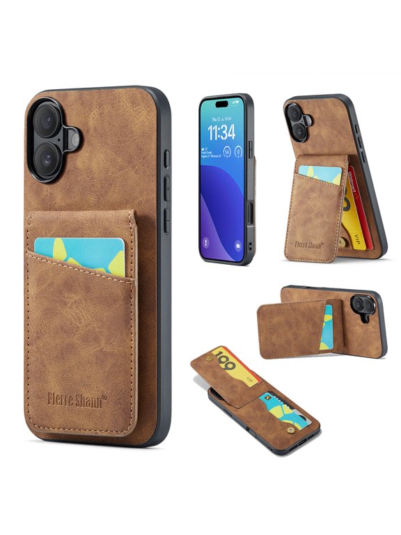 Phone Case for iPhone 16, Back Credit Card Holder Wallet Cover Study Kickstand PU Leather Magnetic Clasp RFID Blocking Case for iPhone 16 Cases Women, Brown