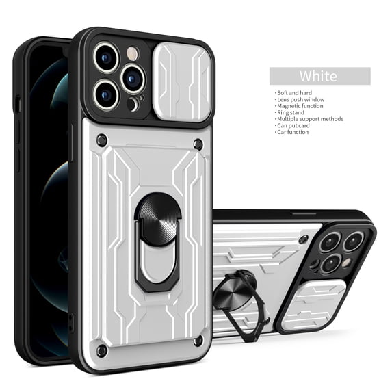 Phone Case for iPhone 16 with Camera Lens Slide Cover, Detachable Card Slot Holder Ring Kickstand, Support Magnet Car Mount, Heavy Duty Military Grade Protection Cover for iPhone 16, White