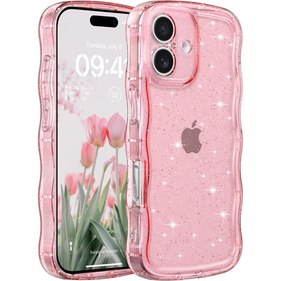 Phone Case for iPhone 16,Cute Clear Curly Wavy Frame Wave Case with Sparkly Bling Glitter,Non-Yellowing Transparent Acrylic Hard PC Cover for iPhone 16,Glitter Clear Pink