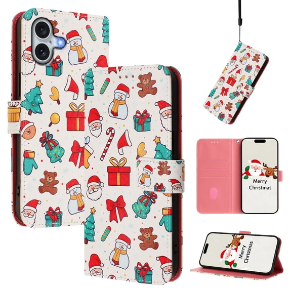 Phone Case for iPhone 16, Luxury Christmas Pattern Card Slots Cash Pocket Magnetic Clasp Full Body Protection Shockproof Kickstand Wallet Flip Case with Wrist Strap for iPhone 16, A