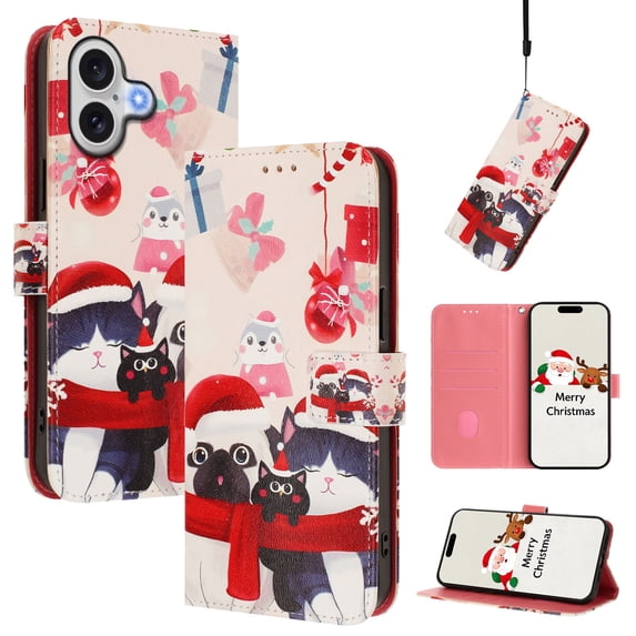 Phone Case for iPhone 16, Luxury Christmas Pattern Card Slots Cash Pocket Magnetic Clasp Full Body Protection Shockproof Kickstand Wallet Flip Case with Wrist Strap for iPhone 16, E