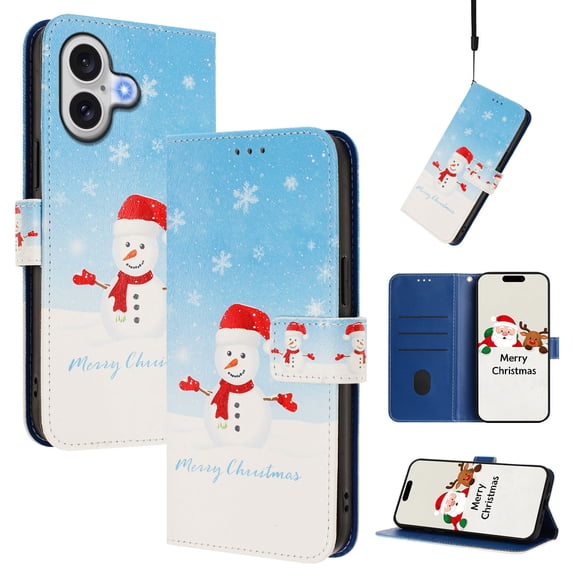 Phone Case for iPhone 16, Luxury Christmas Pattern Card Slots Cash Pocket Magnetic Clasp Full Body Protection Shockproof Kickstand Wallet Flip Case with Wrist Strap for iPhone 16, B